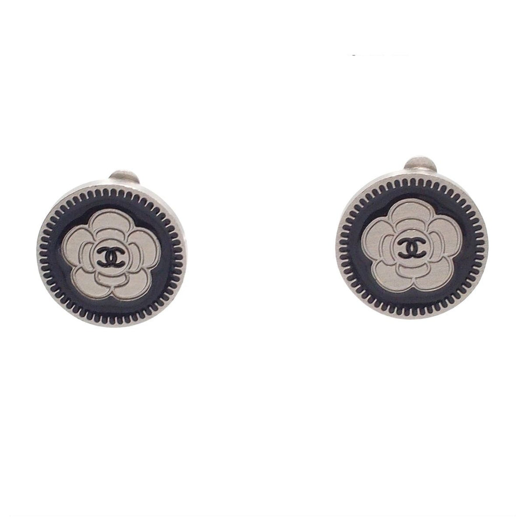Chanel Earrings Silver Metal Round CC Logo Camellia Costume