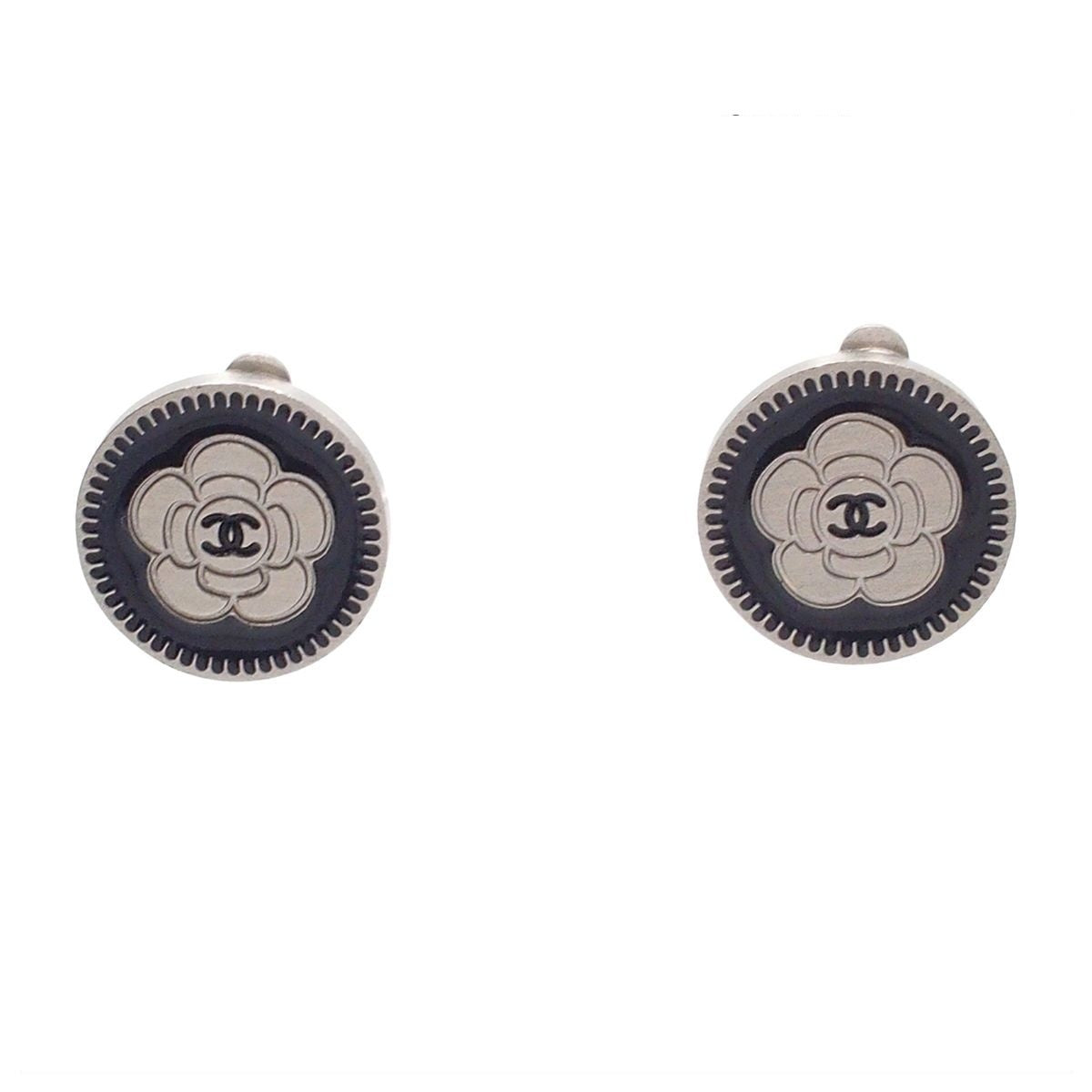 Chanel Earrings Silver Metal Round CC Logo Camellia Costume