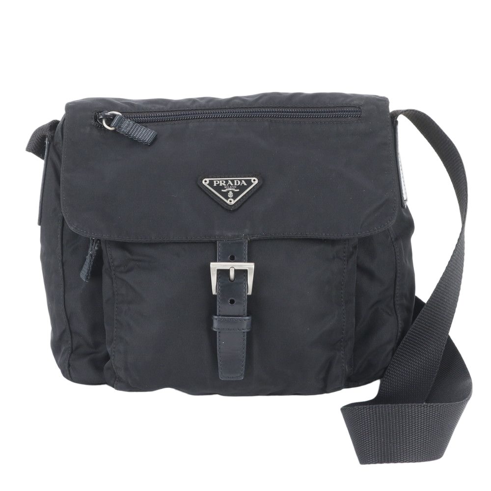 Prada Tessuto Nylon Triangle Logo Leather Shoulder Bag Crossbody Messenger Black