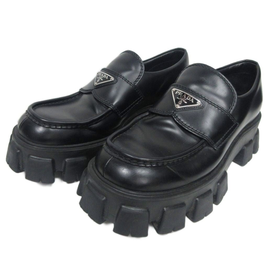 Prada Monolith Brushed Leather Loafers Triangle Plate Logo Thick