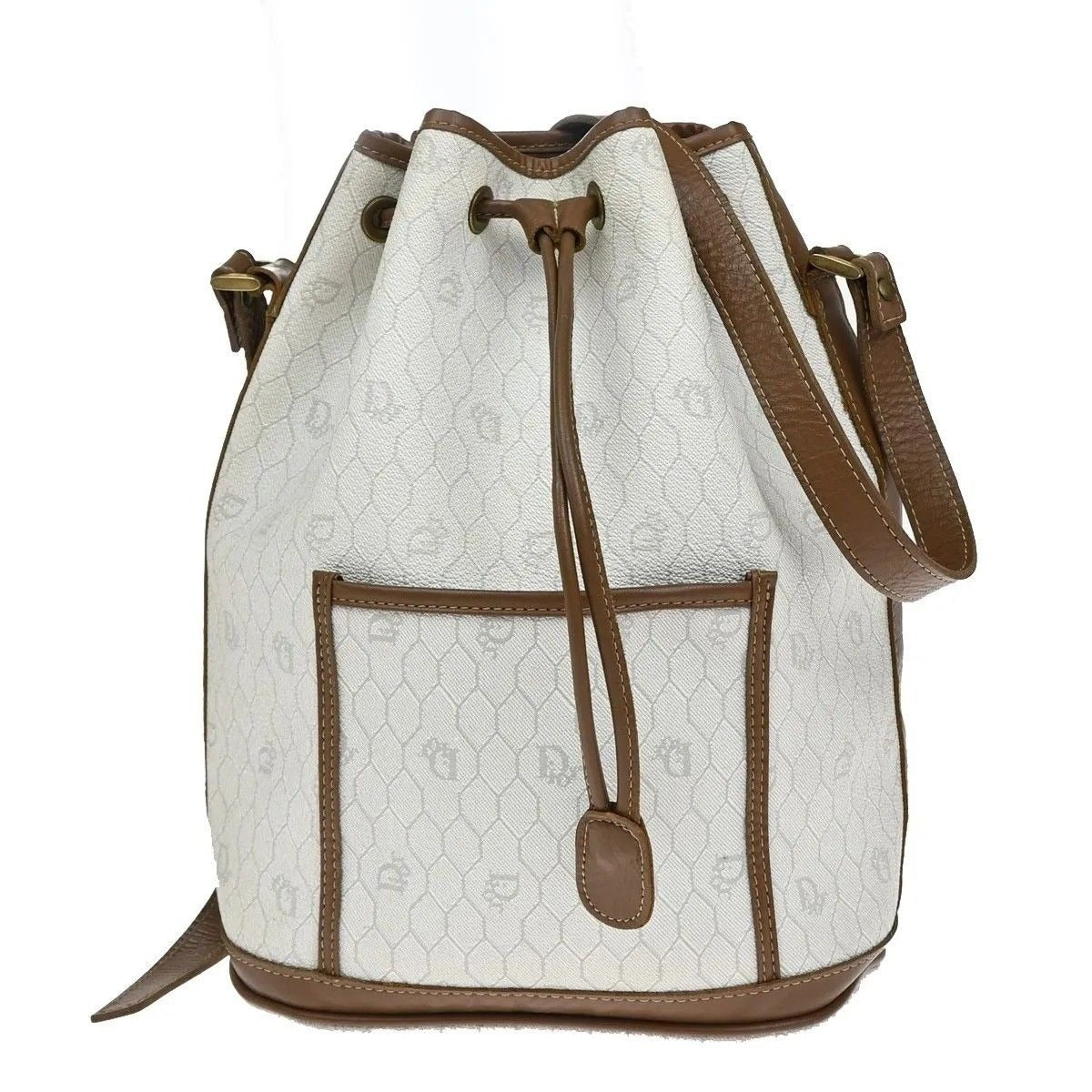Dior Christian Shoulder Bag Honeycomb Drawstring White Brown Leather Vintage