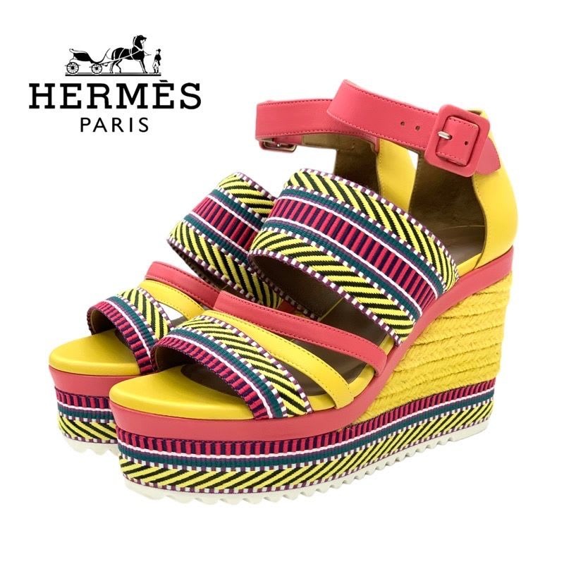 Hermes Sandals Shoes Leather Yellow Pink Multicolor Wedge Sole