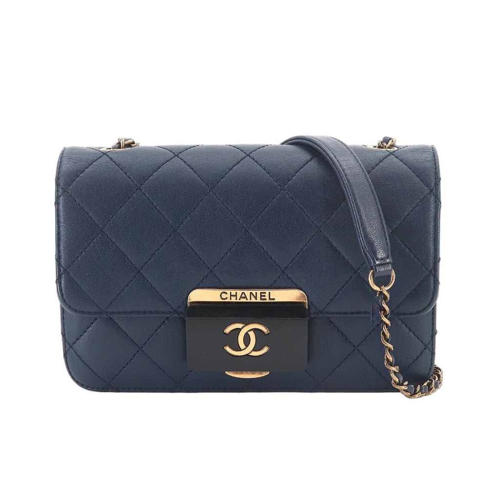 Chanel Beauty Lock Chain Shoulder Bag Leather Navy Gold