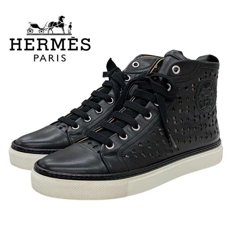 Hermes Jimmy Sneakers Shoes Leather Black Punching High Cut