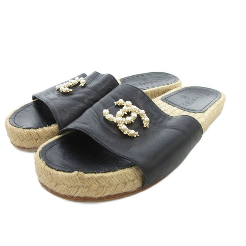 Chanel Espadrille Sandals Coco Marc Pearl Bijoux 38 Black UO GY18