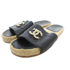 Chanel Espadrille Sandals Coco Marc Pearl Bijoux 38 Black UO GY18