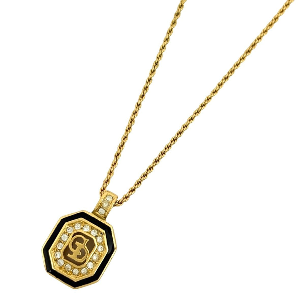 Dior Logo Rhinestone Necklace CD Gold Plated Black