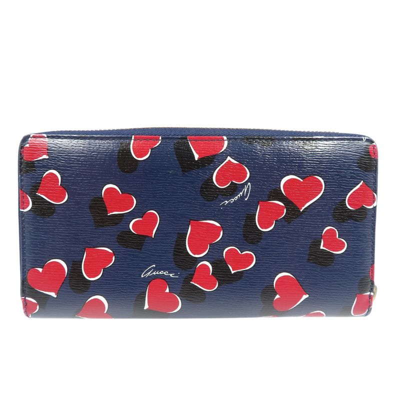 Gucci Heart Leather Gold Hardware Navy Red Round Zipper Long Wallet 1200 — view 2