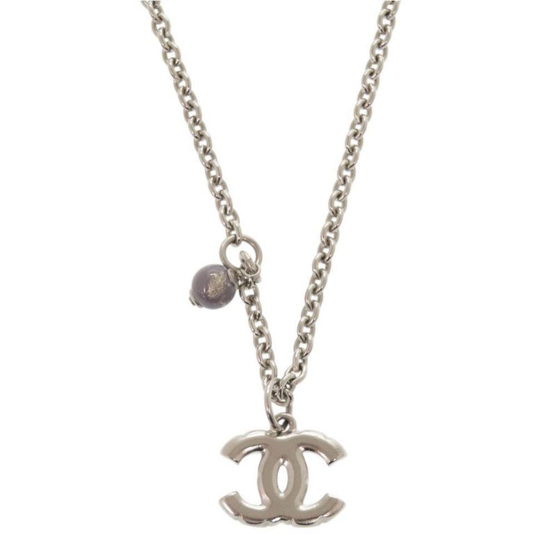 Chanel Coco Mark Metal Rhinestone Faux Pearl Silver Necklace 0470 — view 3