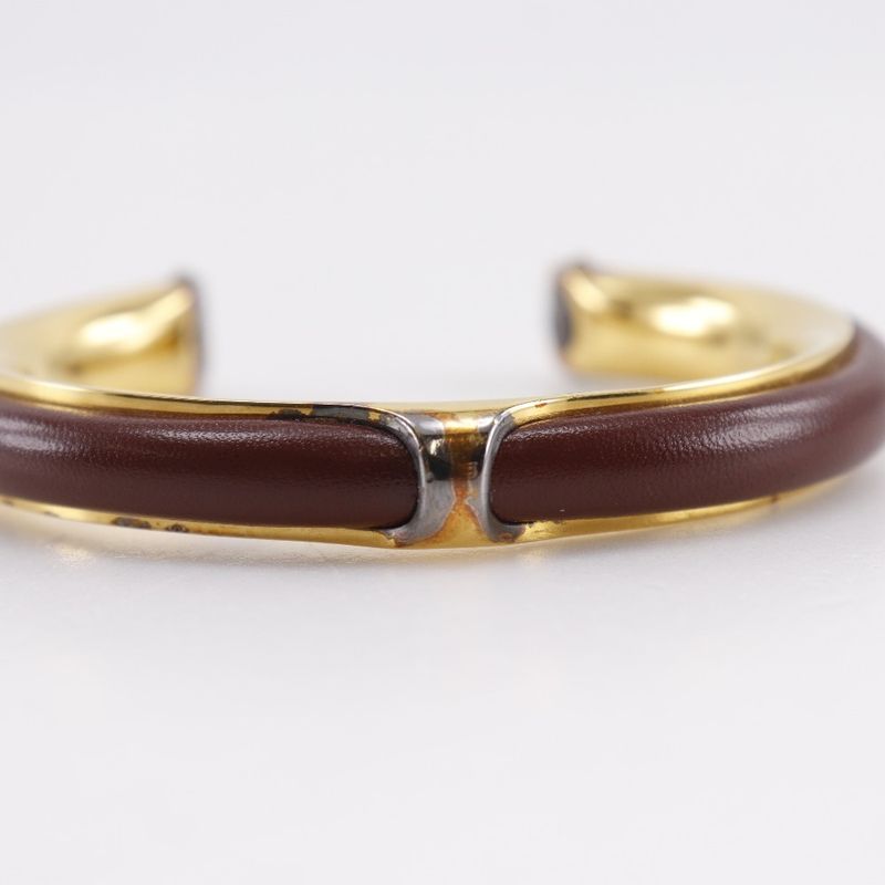 Hermes Vintage Gold Plated and Leather Brown 36.3 g Bangle — view 6