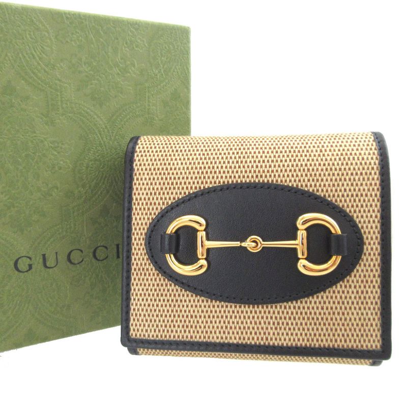 Gucci Horsebit Canvas Leather Beige Navy Blue Bifold Wallet 0437 — view 2