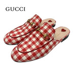 Gucci Prince Town Flat Shoes Fabric Red White Gold Mule Slipper Sandals Check