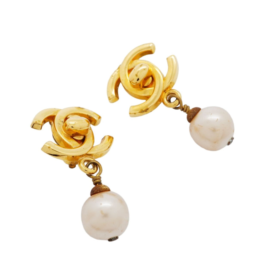 Chanel Earrings Vintage CC Logo Turnlock Gold Plated Faux Pearl — view 2