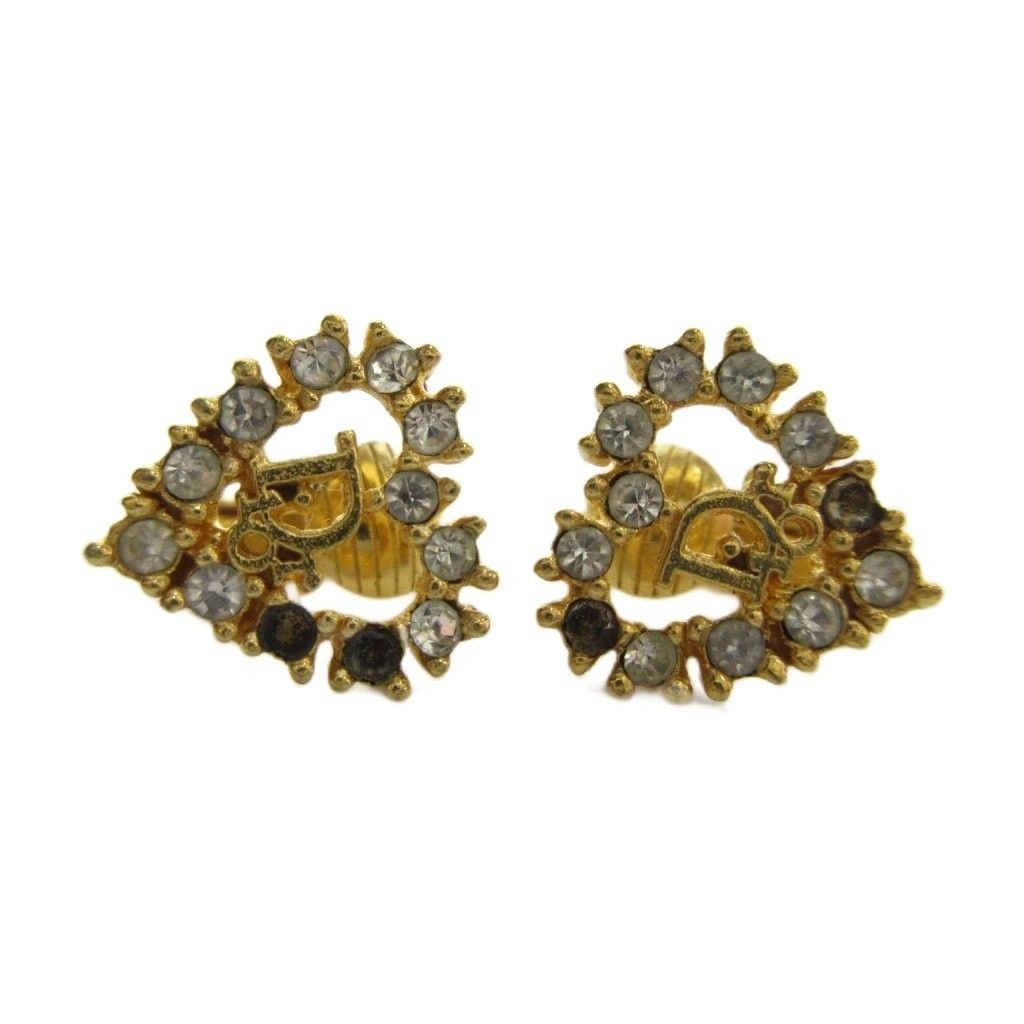 Dior Earrings Heart Logo Rhinestone Clip Type Gold