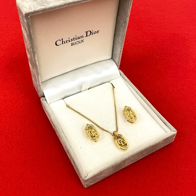 Christian Dior CD Logo Necklace Earrings Set Accessories Gold 55862 With Case