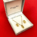 Christian Dior CD Logo Necklace Earrings Set Accessories Gold 55862 With Case