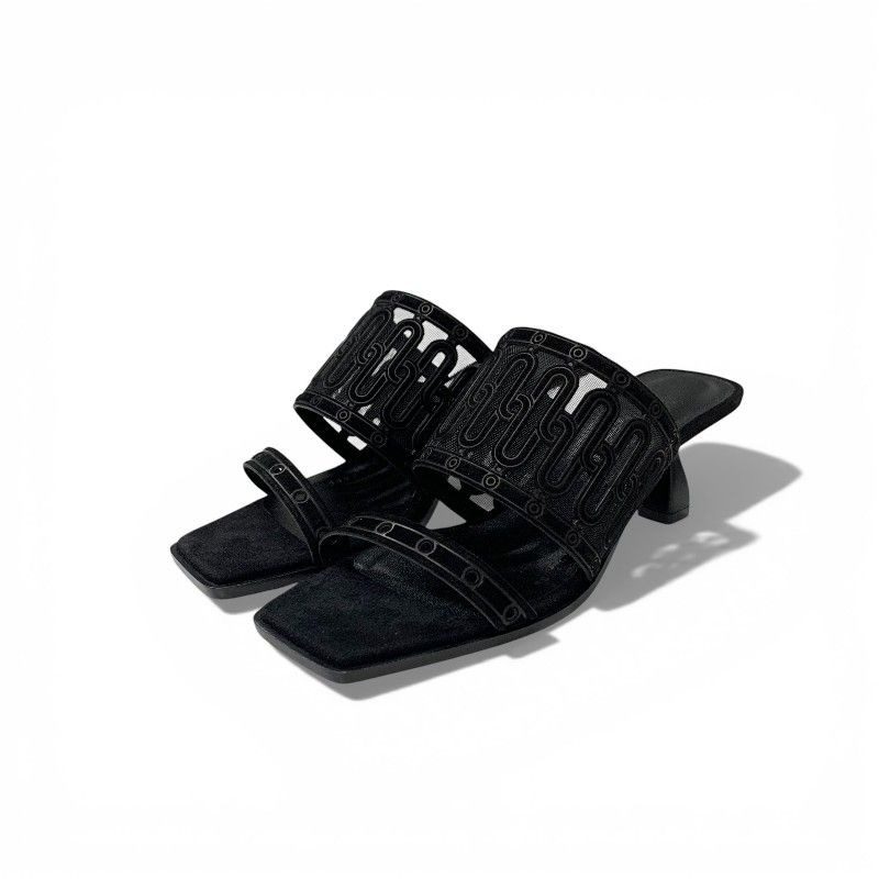 Hermes Gioia Sandals Shoes Suede Mesh Black Mule