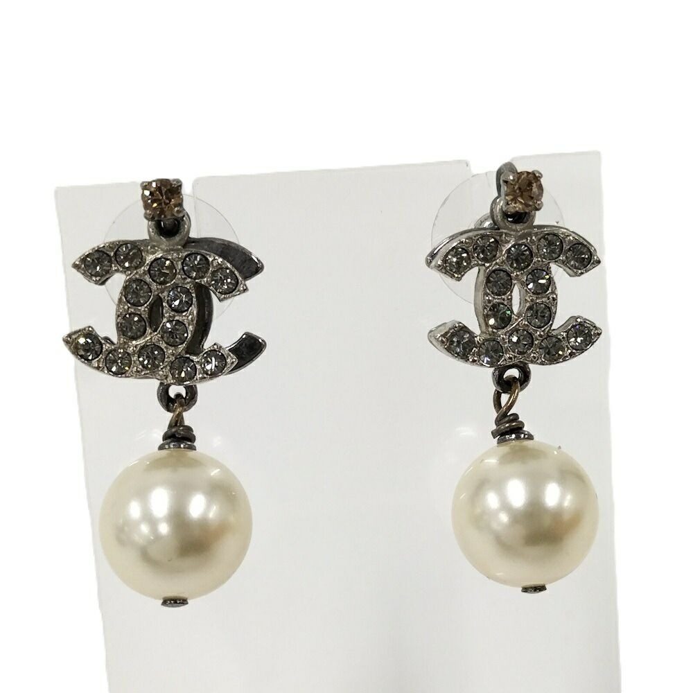 Chanel CC Logo Rhinestone Earrings Plated Silver