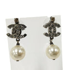 Chanel CC Logo Rhinestone Earrings Plated Silver