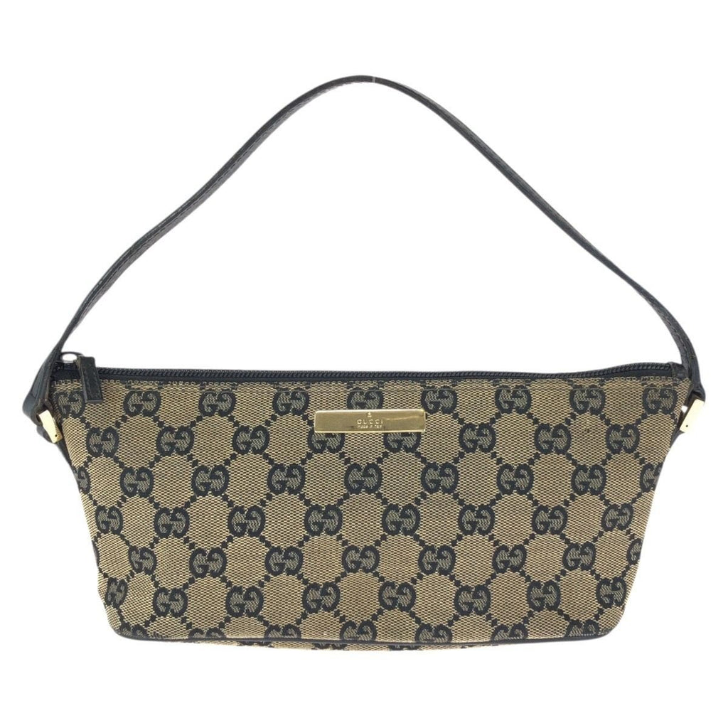 Gucci Beige Black Gold GG Canvas Leather Handbag Pouch