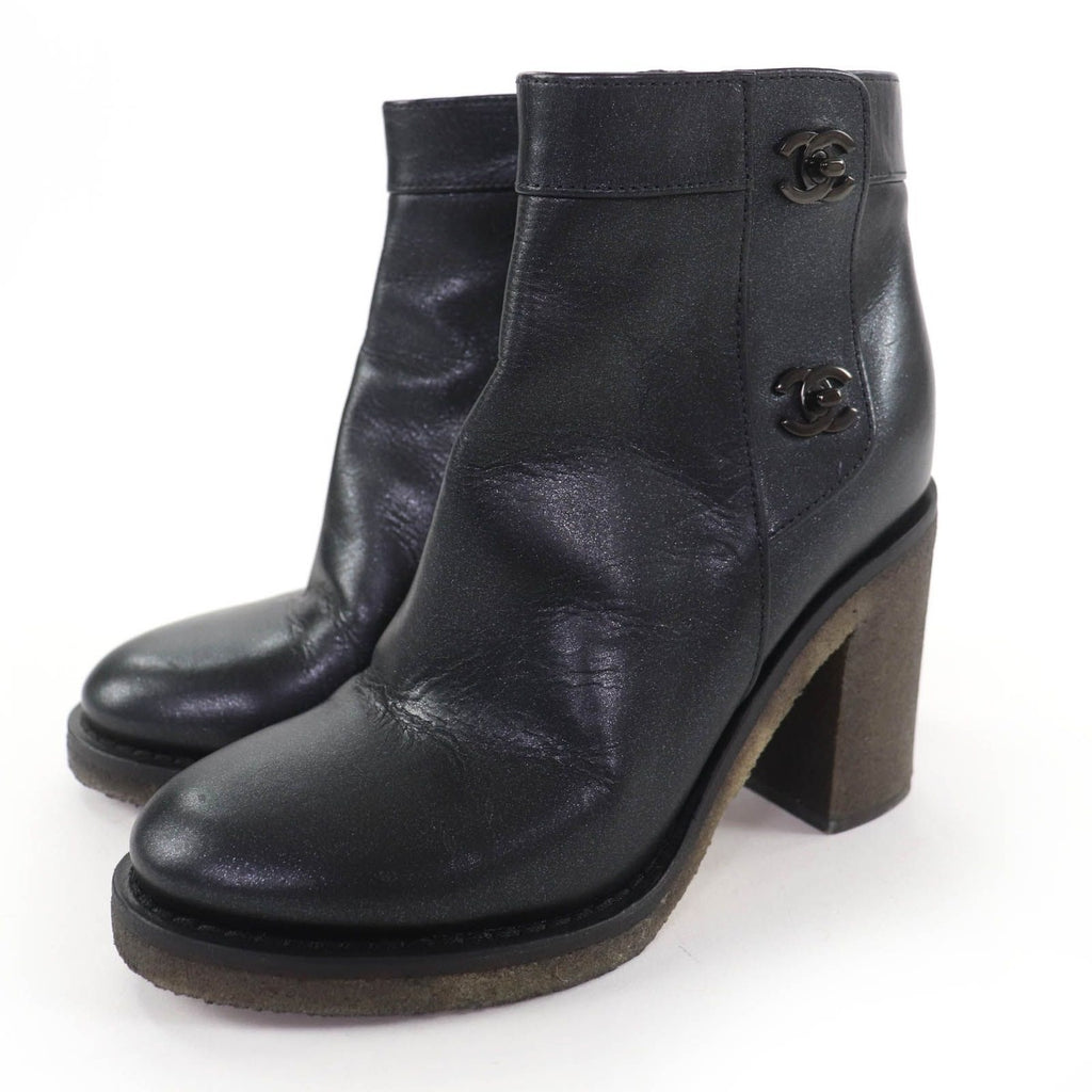 Chanel Double CC Logo Lame Leather Short Boots with Turnlock Black 36