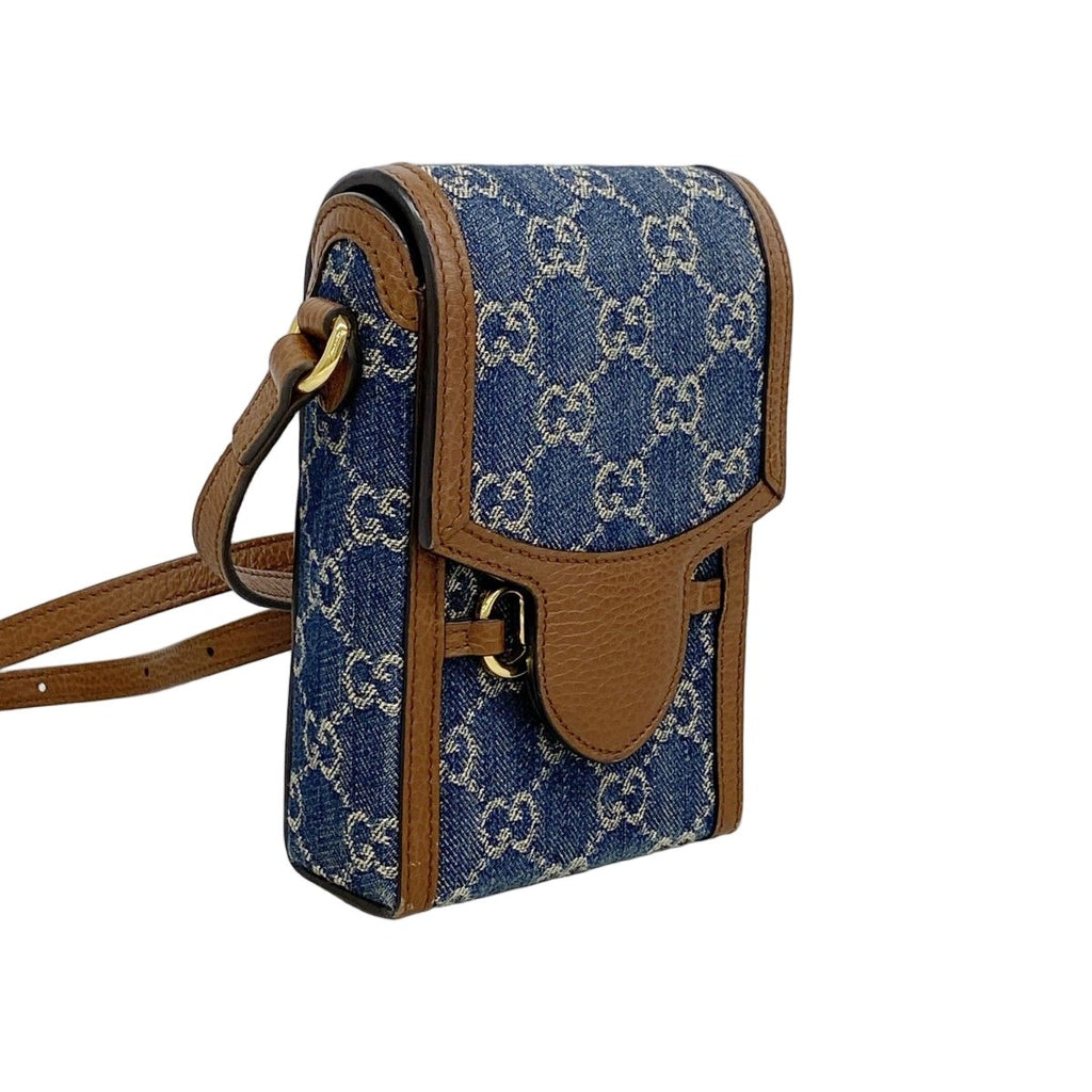 Gucci Shoulder Bag Horsebit Denim Blue Brown Gold — view 2