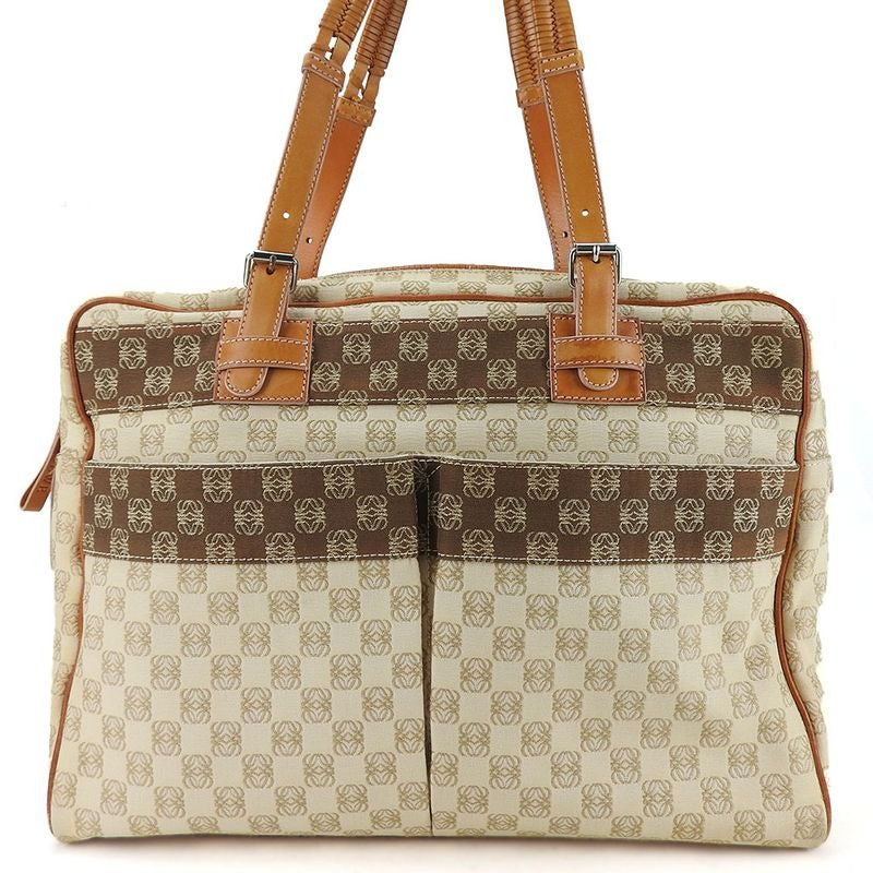 Loewe Tote Bag Anagram Canvas Leather Beige Brown Silver Hardware Business