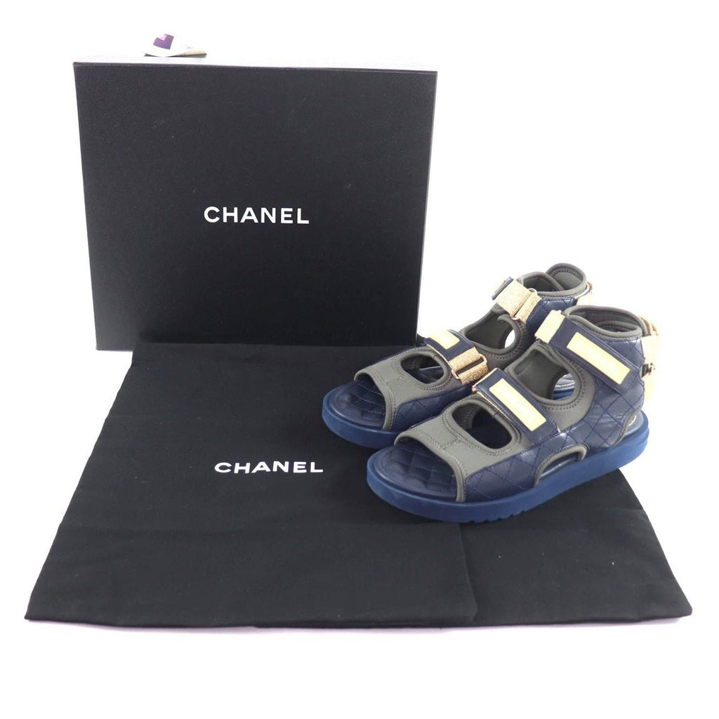 Chanel CC Logo Quilted Velcro Fabric Leather Sandals Khaki Navy 39 — view 2