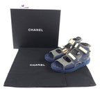 Chanel CC Logo Quilted Velcro Fabric Leather Sandals Khaki Navy 39 — view 2
