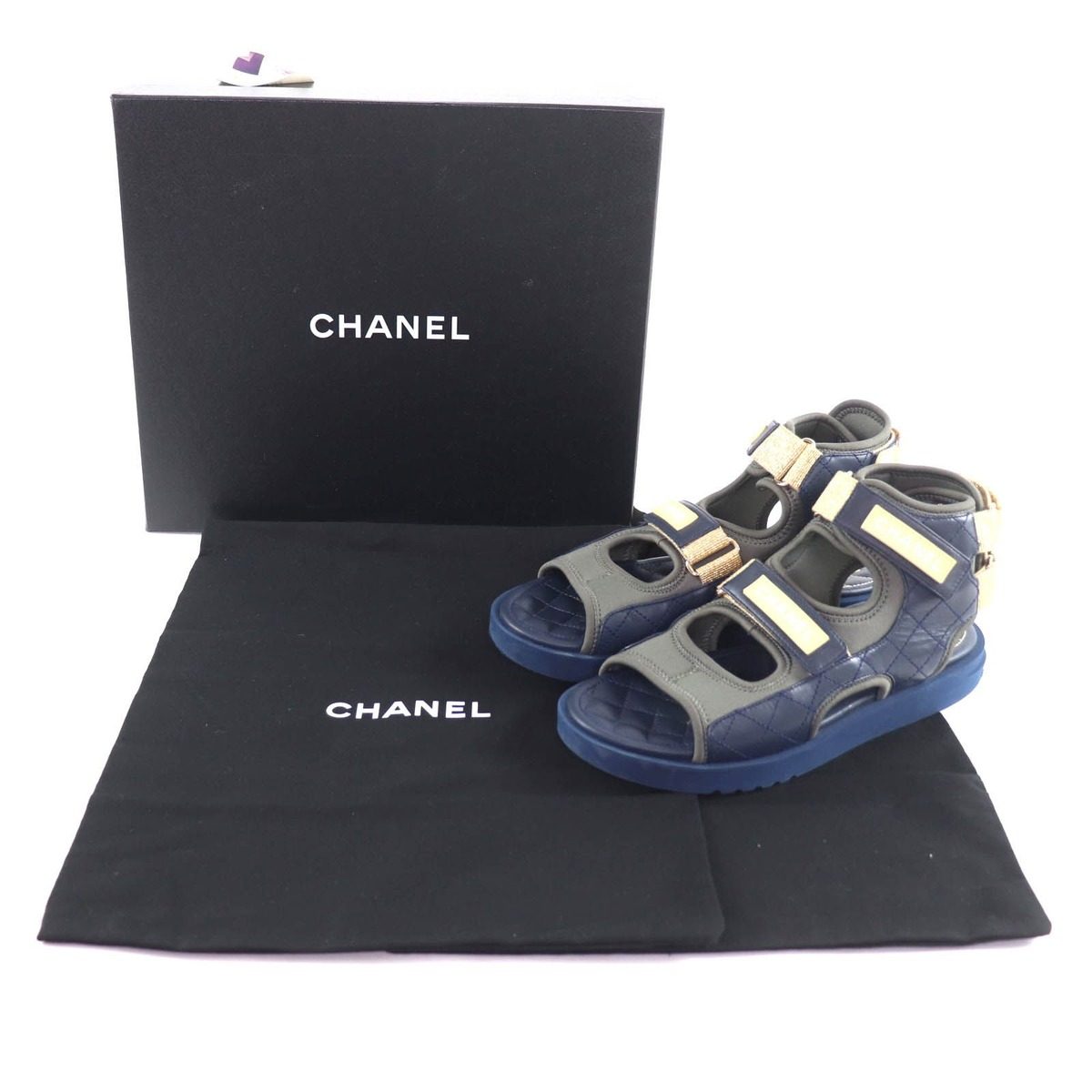 Chanel CC Logo Quilted Velcro Fabric Leather Sandals Khaki Navy 39 — view 2