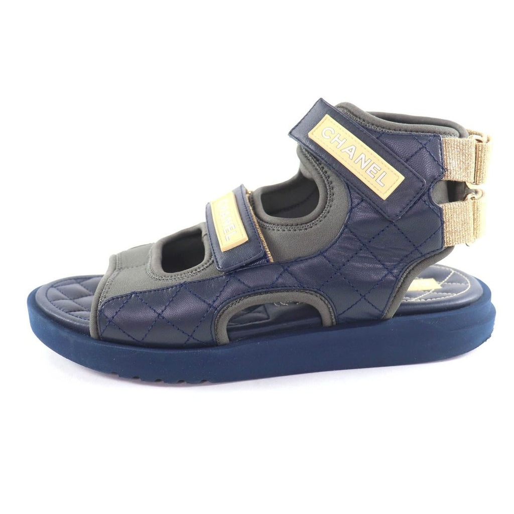 Chanel CC Logo Quilted Velcro Fabric Leather Sandals Khaki Navy 39 — view 5