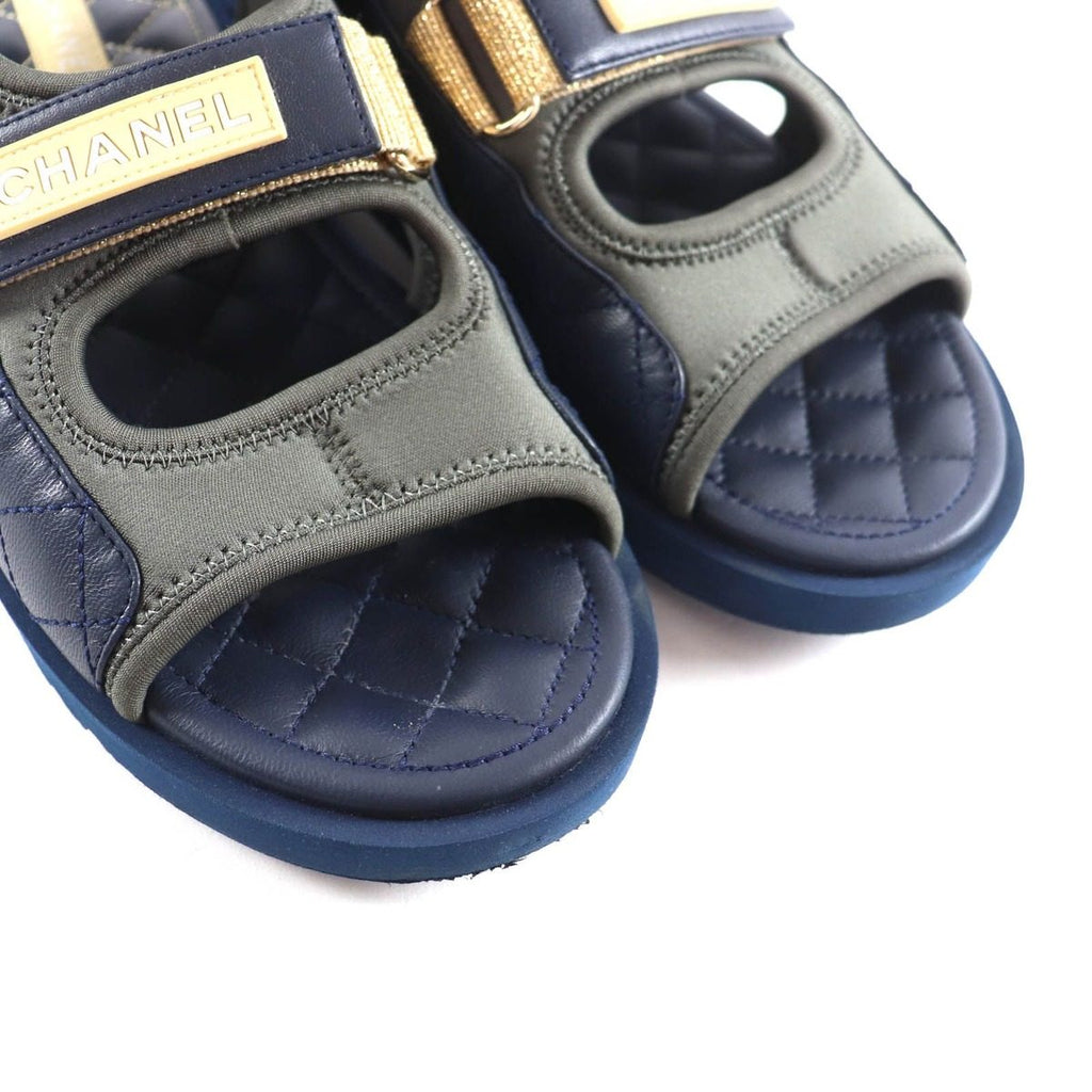 Chanel CC Logo Quilted Velcro Fabric Leather Sandals Khaki Navy 39 — view 8