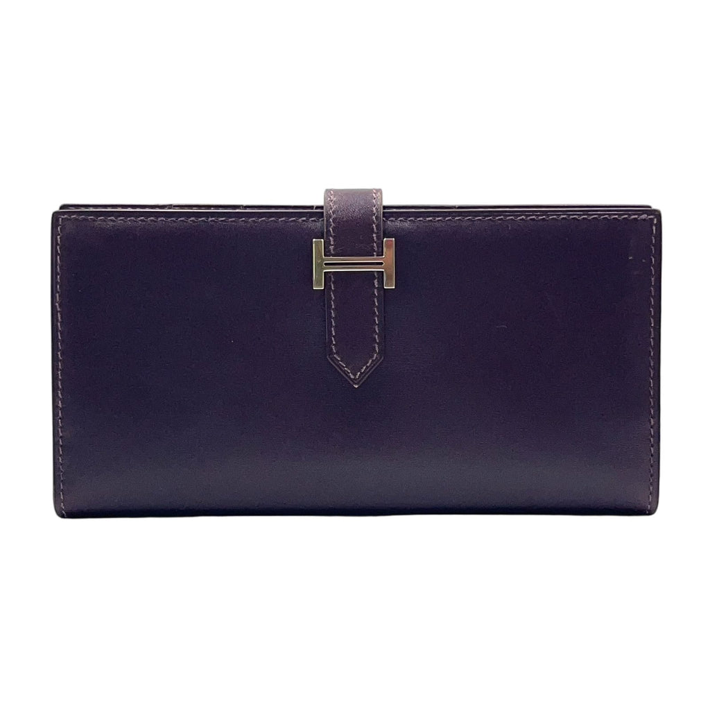 Hermes Bearn ?stamp Leather Dark Purple Wallet Silver