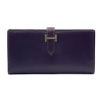 Hermes Bearn ?stamp Leather Dark Purple Wallet Silver