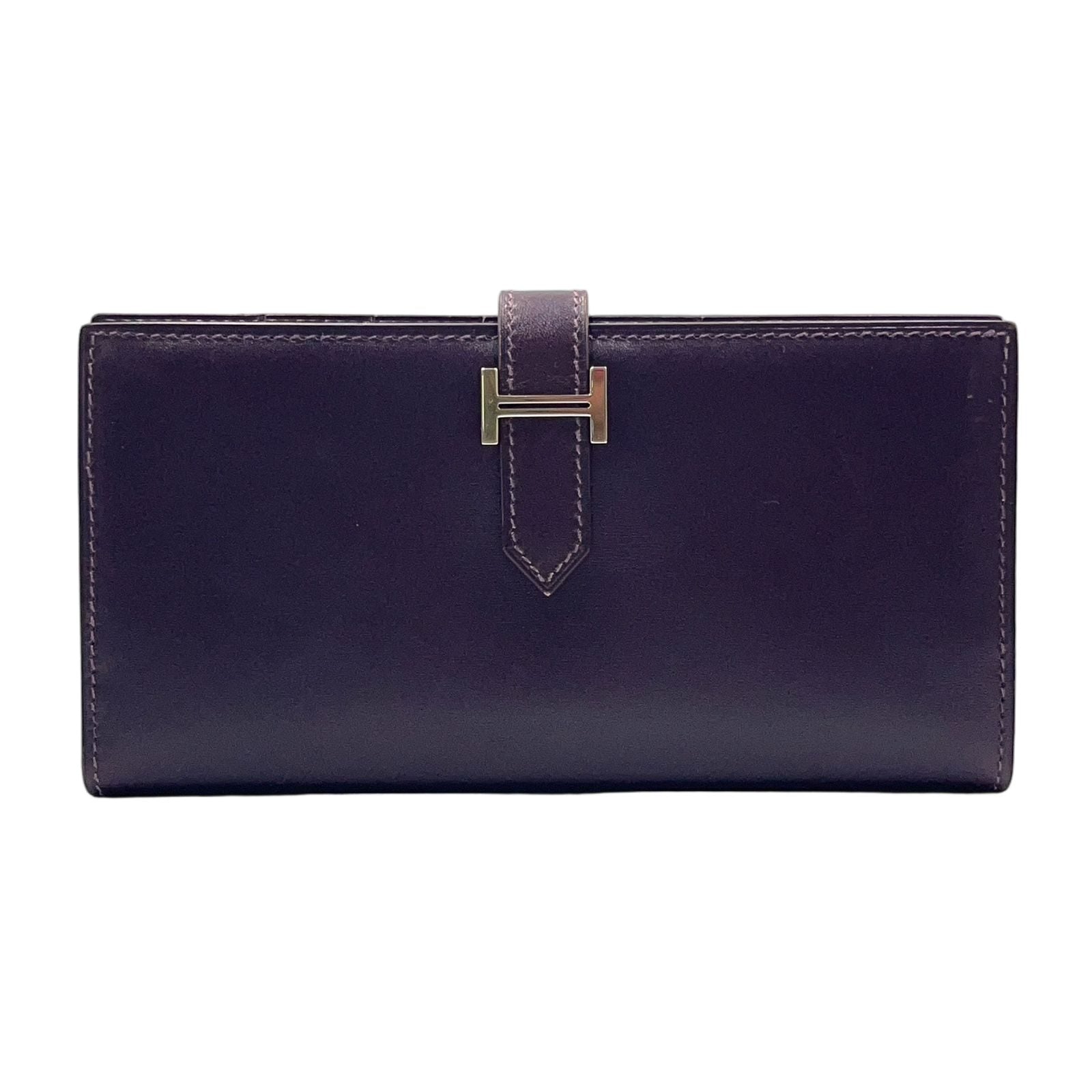 Hermes Bearn ?stamp Leather Dark Purple Wallet Silver