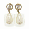 Chanel Coco Mark Faux Pearl Plastic Stone Gold Earrings 0563