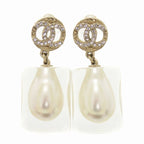 Chanel Coco Mark Faux Pearl Plastic Stone Gold Earrings 0563