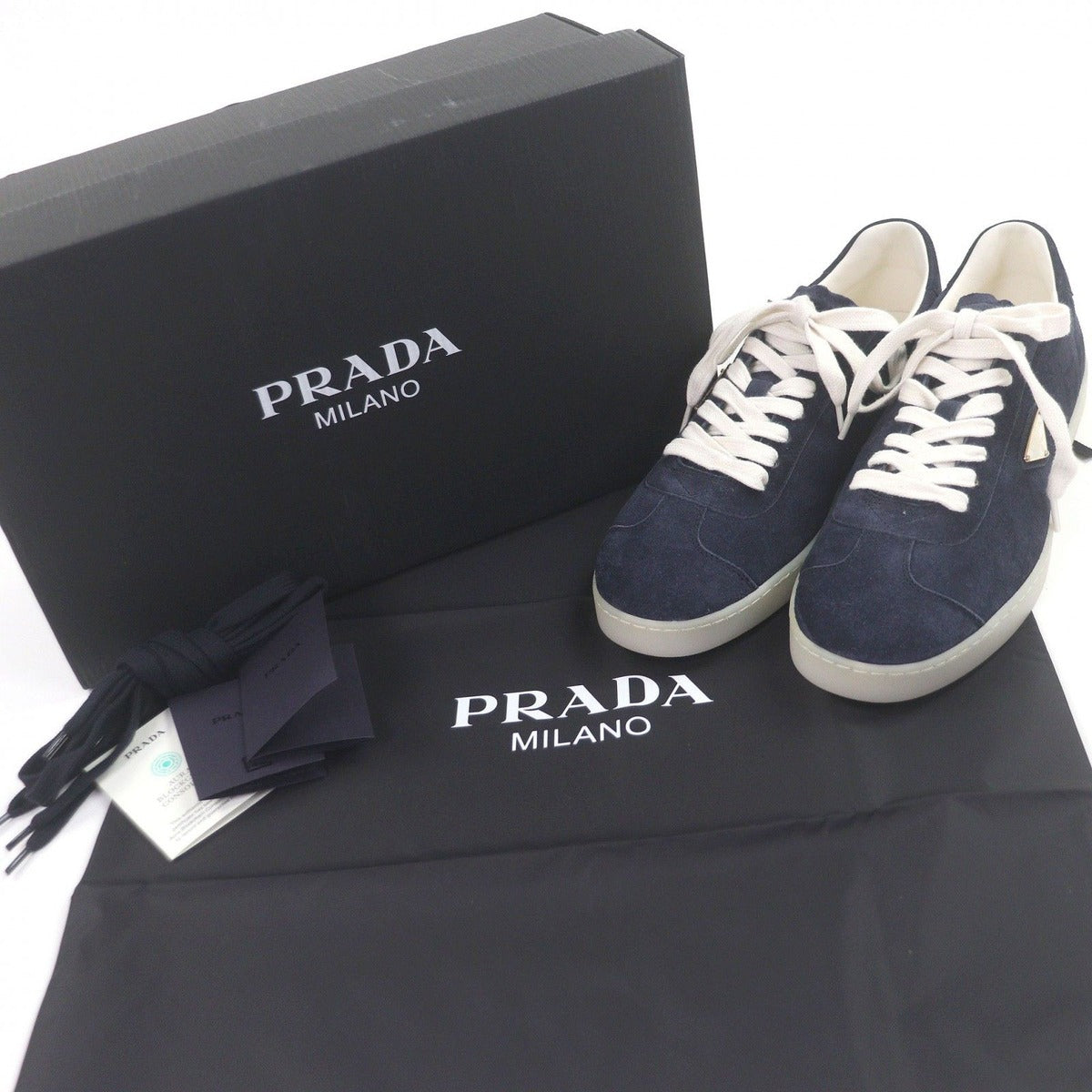 Prada Suede Leather Triangle Logo Plate Trocut Sneakers Navy — view 2