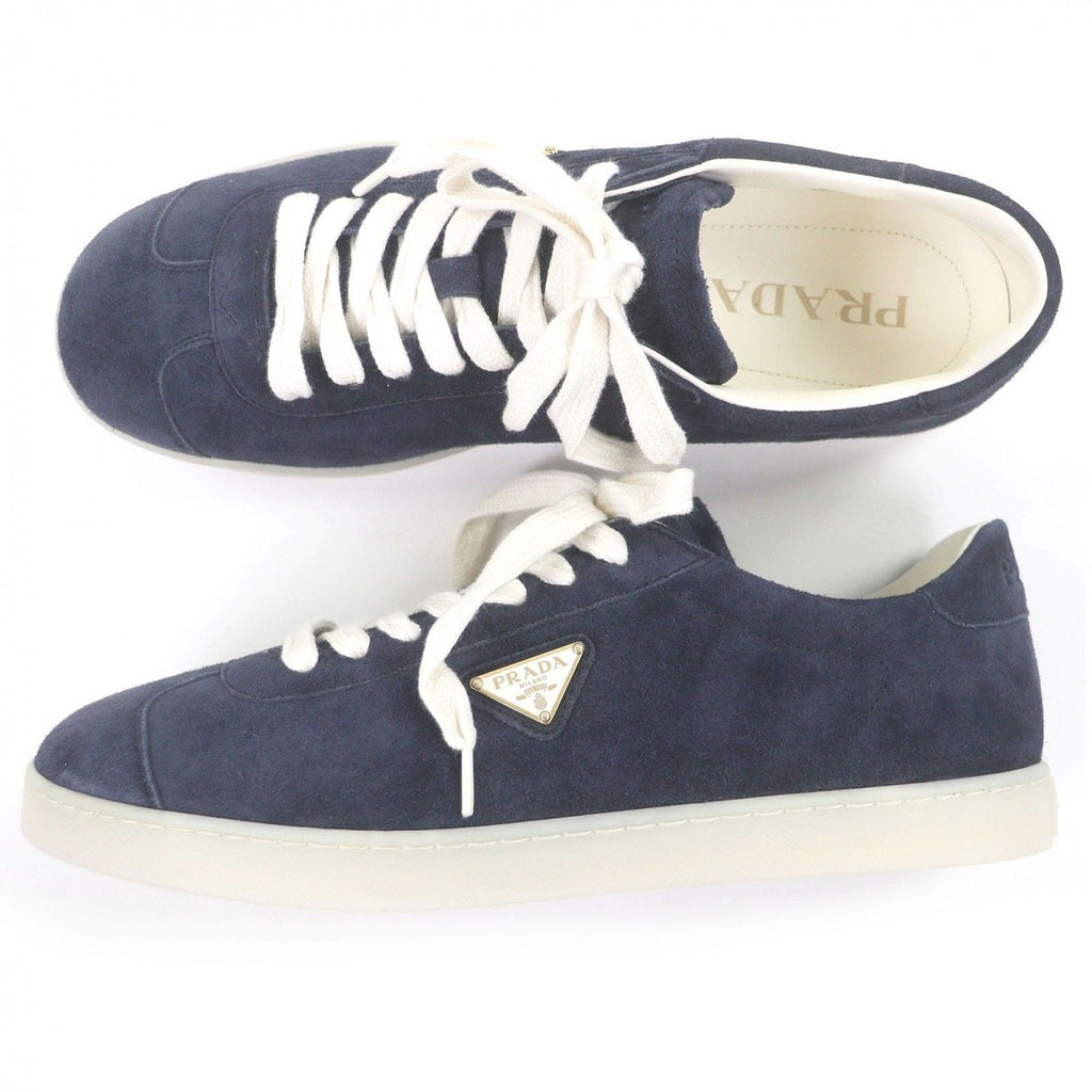 Prada Suede Leather Triangle Logo Plate Trocut Sneakers Navy — view 4