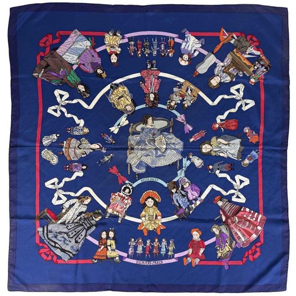 Hermes Carre 90 Hello Dolly Doll Scarf Silk Blue Multicolor