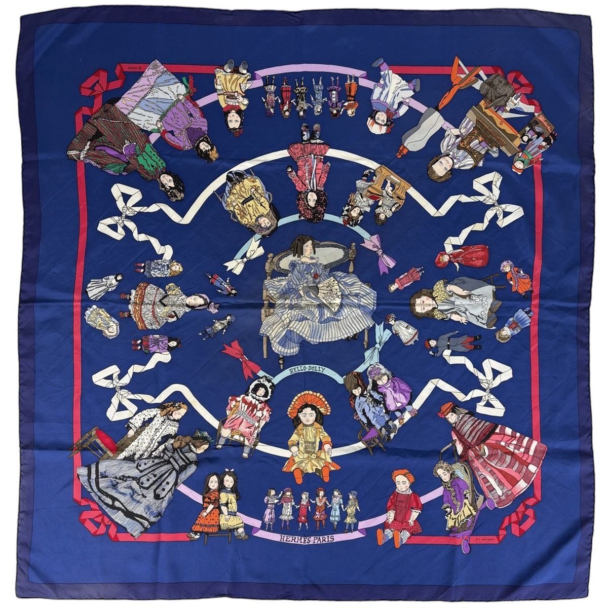 Hermes Carre 90 Hello Dolly Doll Scarf Silk Blue Multicolor