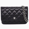 Chanel Quilted Classic Chain Wallet Black Gold Lambskin Silver