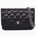 Chanel Quilted Classic Chain Wallet Black Gold Lambskin Silver