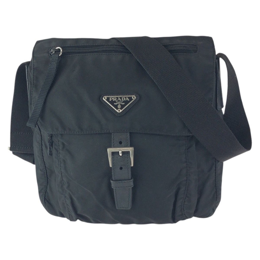 Prada Tessuto Black Silver Nylon Leather Shoulder Bag