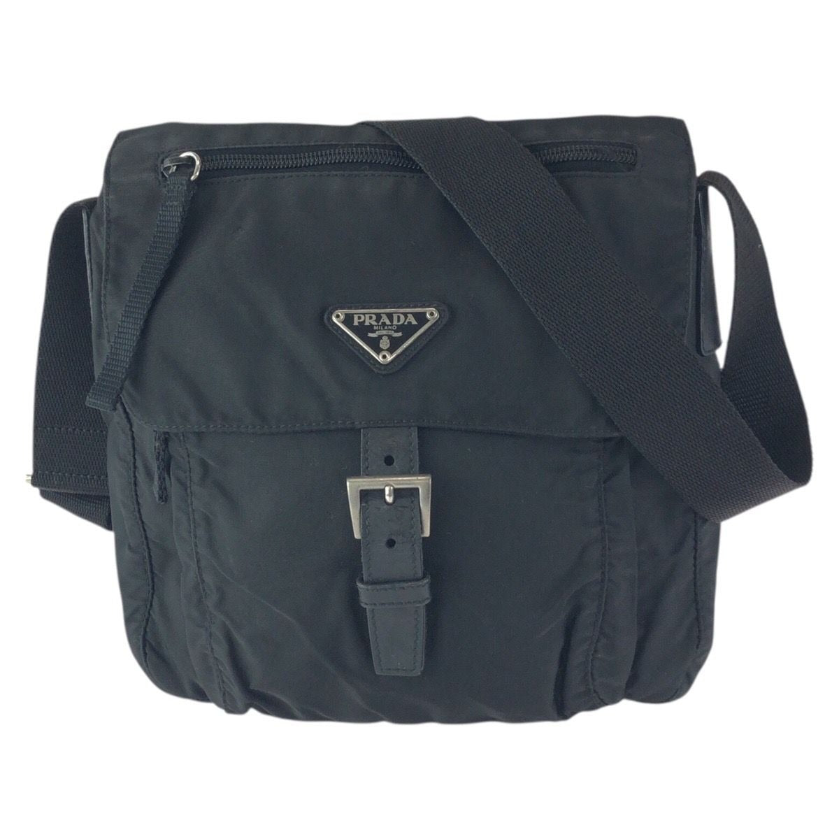 Prada Tessuto Black Silver Nylon Leather Shoulder Bag