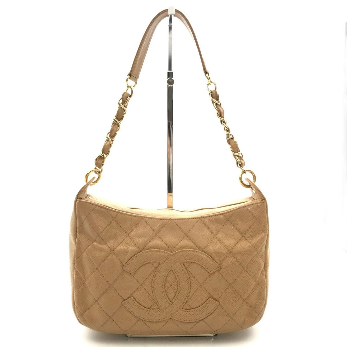 Chanel Quilted Caviar Leather Chain Shoulder Bag Beige