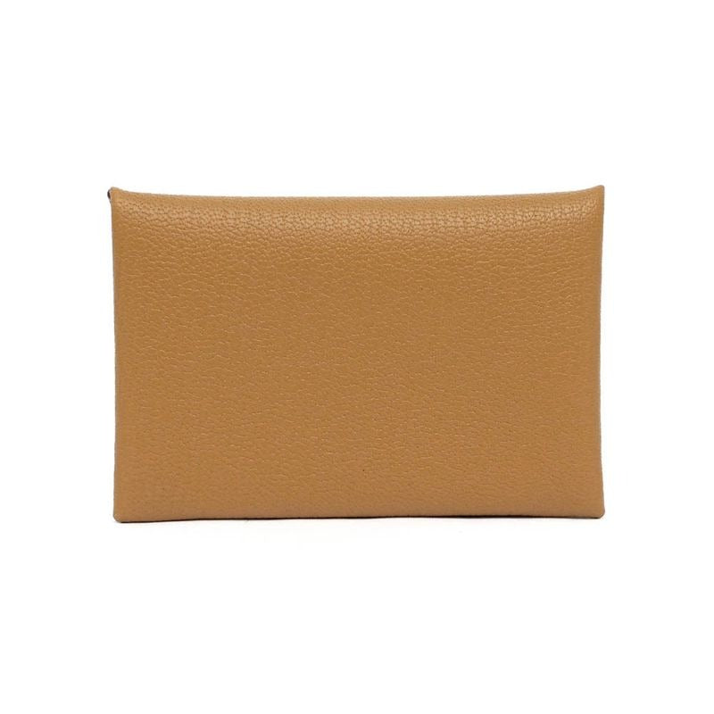 Hermes Calvi Sesame Brown Chevre Silver Hardware Card Holder — view 2