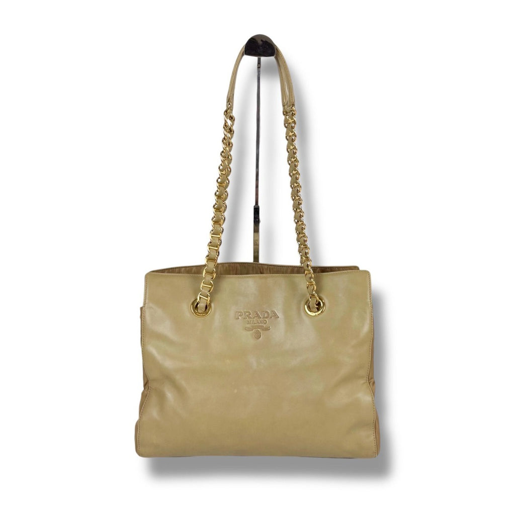 Prada Logo Shape Press Chain Tote Beige Nappa Leather Tessuto — view 2
