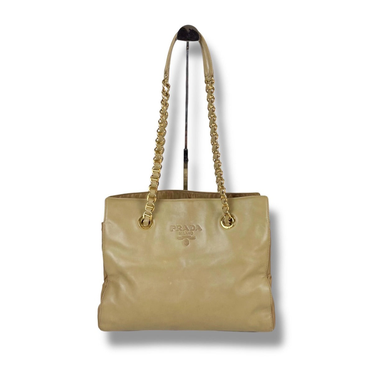 Prada Logo Shape Press Chain Tote Beige Nappa Leather Tessuto — view 2