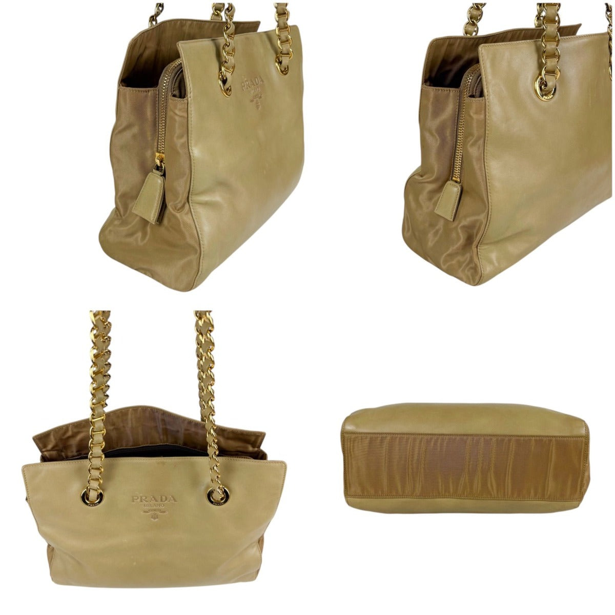 Prada Logo Shape Press Chain Tote Beige Nappa Leather Tessuto — view 4